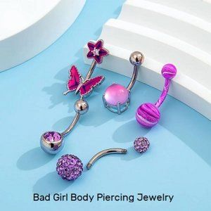 5  - Purple Crystal / Acrylic Butterfly Navel Bar Barbell